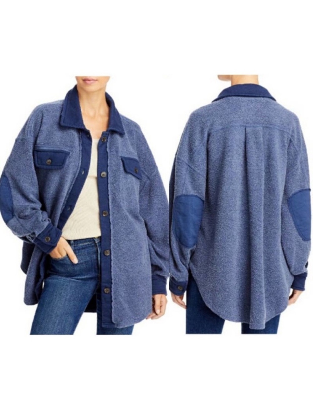 Free People Blue Gray Sherpa Shirt Jacket Oversized